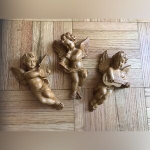 Set of 3 vintage chalkware cupid cherub plaster wall hangings ~ art deco French